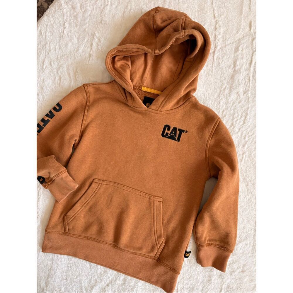CAT Kids Pullover Hoodie Sweatshirt Boys Size XS 5/6 Brown Logo Pocket